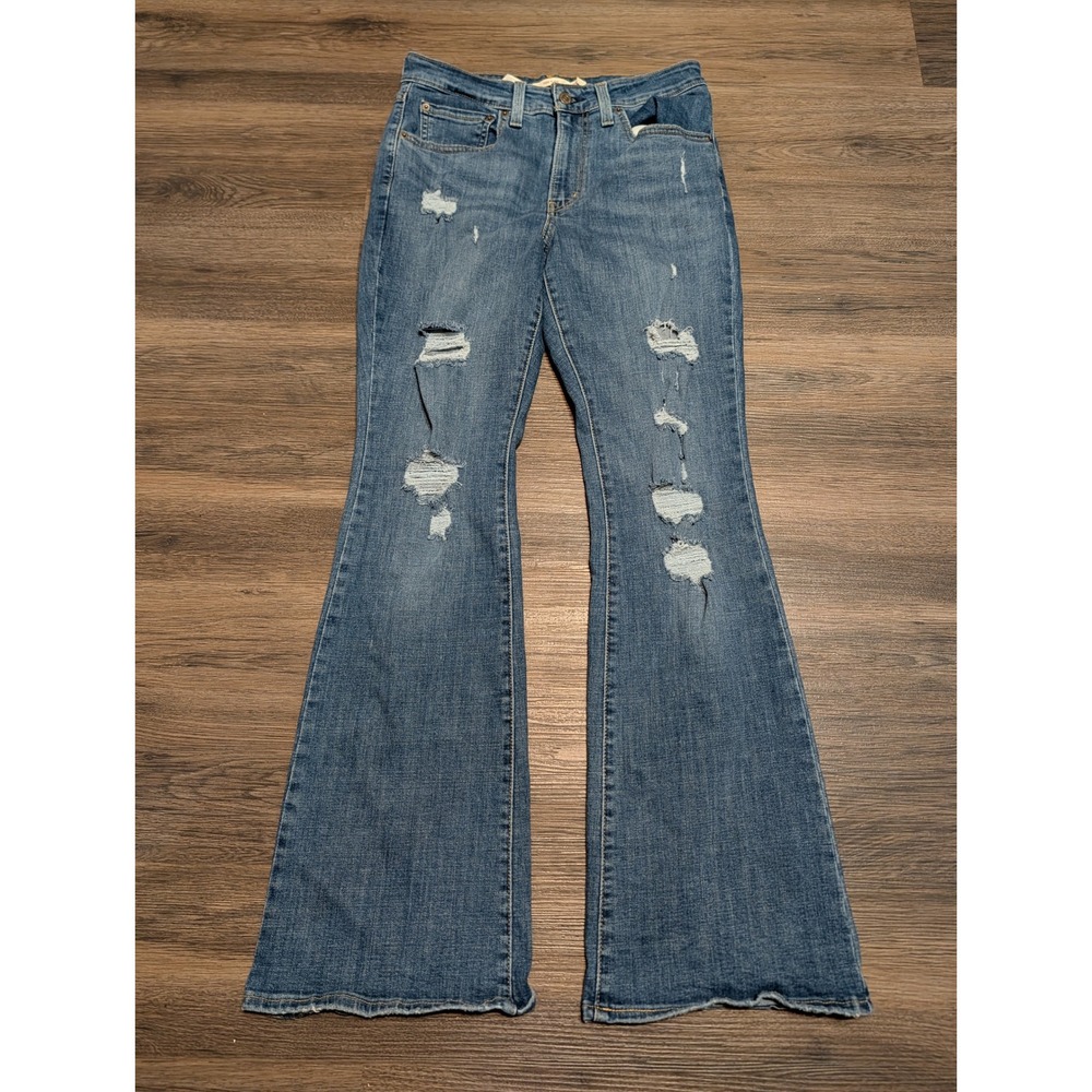 Levis 726 Flare High Rise Distressed Jeans Medium Wash Blue Size 30 Ripped Knee